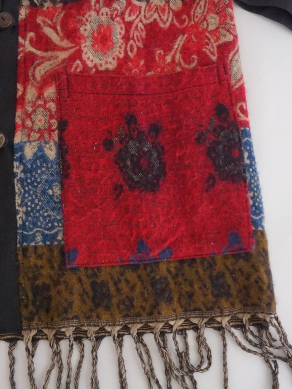 Vintage Red Black Floral Fringe Open Front Wool Cardigan Boho Tapestry XL - Picture 4 of 9